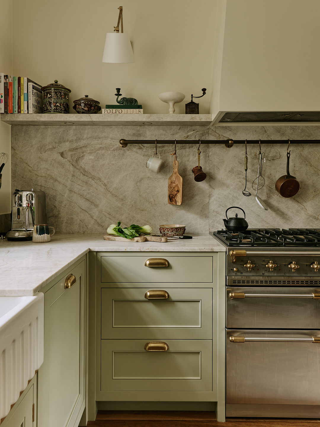 Close Up Green Kichen With Marble Back