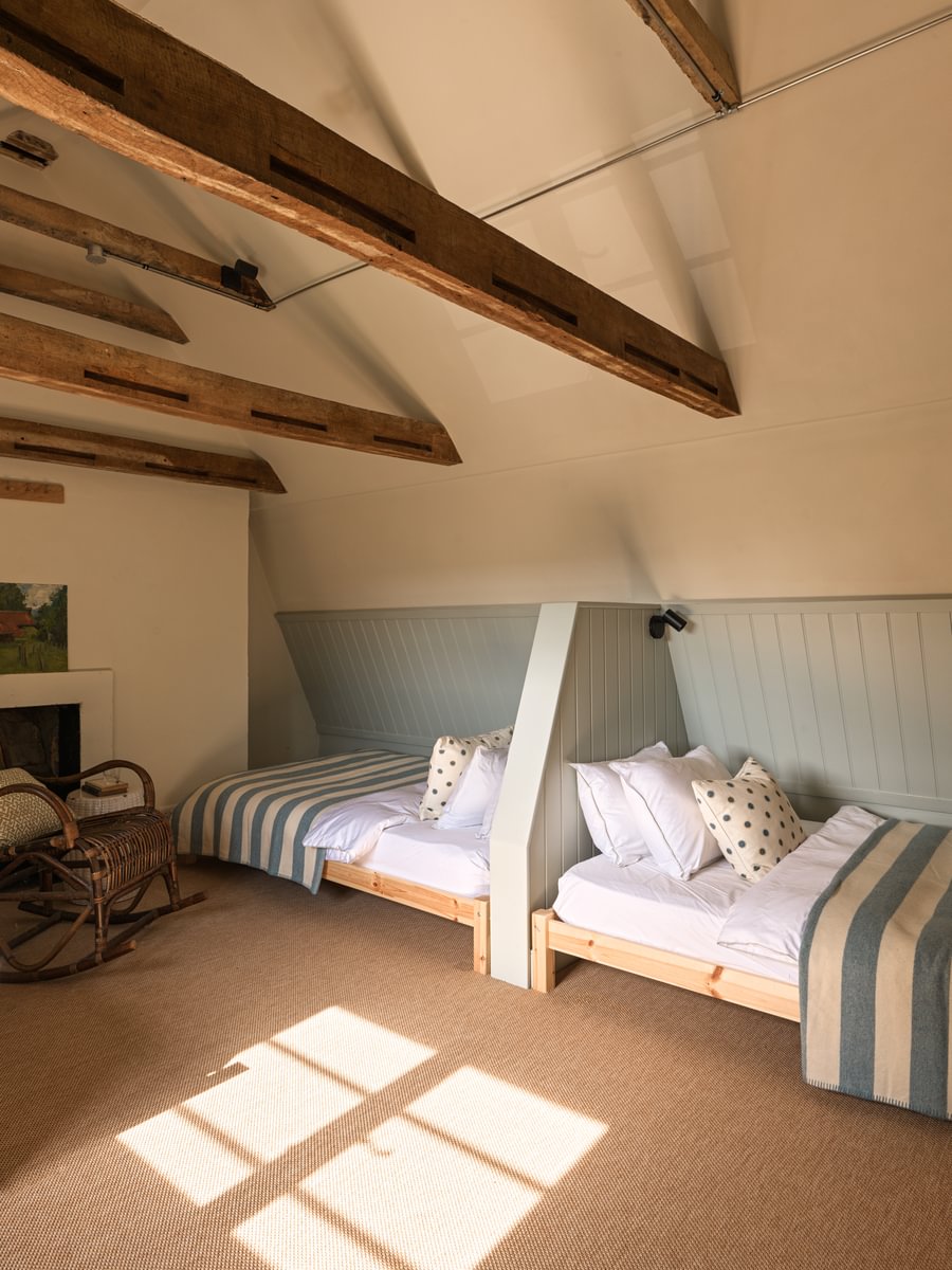 Sims Hilditch Interior Design Jamie's Farm House Twin Bedroom With Beams