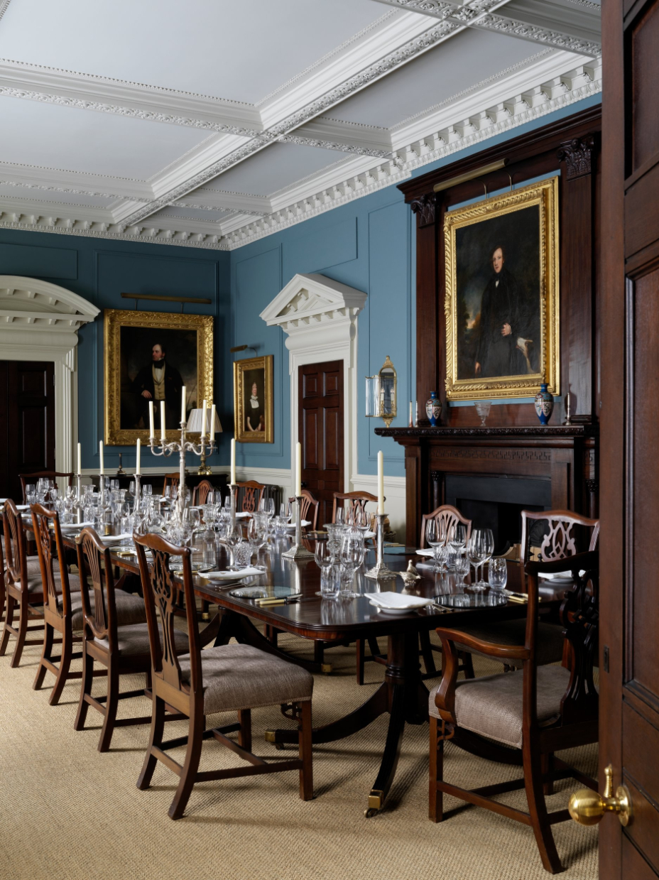 Sims Hilditch Interior Design English Country Estate Dining Room Blue Portraits Dark Wood