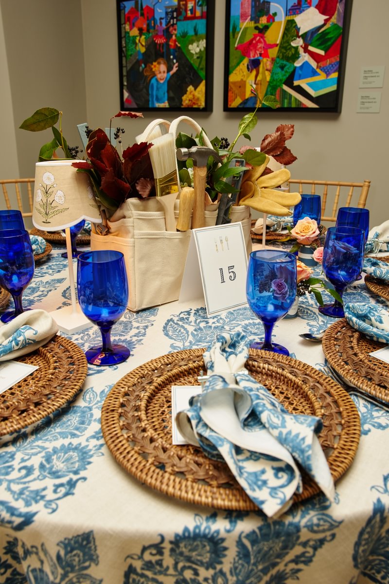 Sims Hilditch Interior Design Boston Event Book Table Blue Glasses