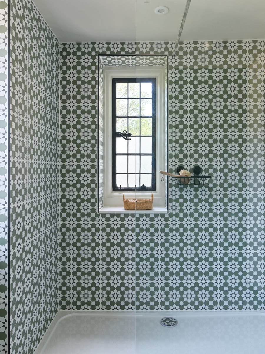 Sims Hilditch Interior Design Jamie's Farm House Shower With Patterned Walls