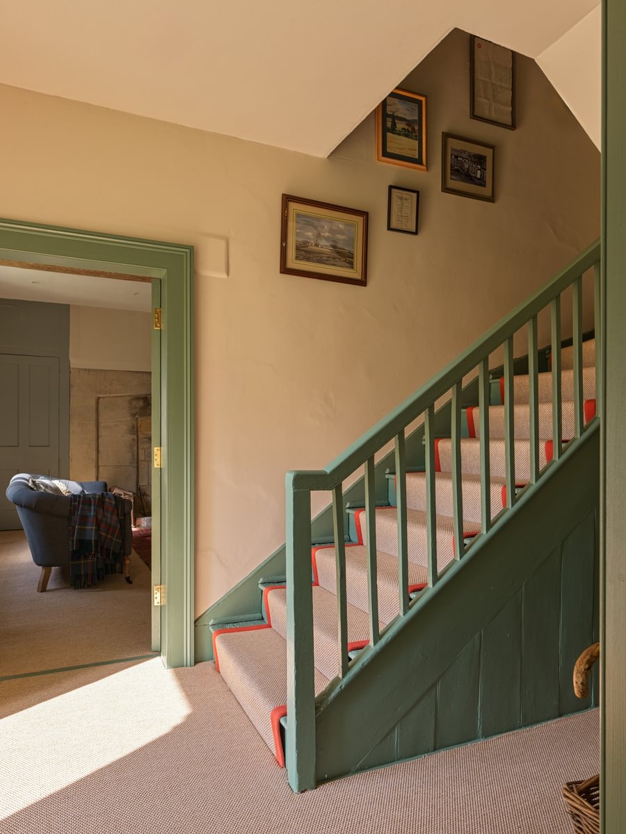 Sims Hilditch Interior Design Jamie's Farm House Green Staircase With Pictures On Wall
