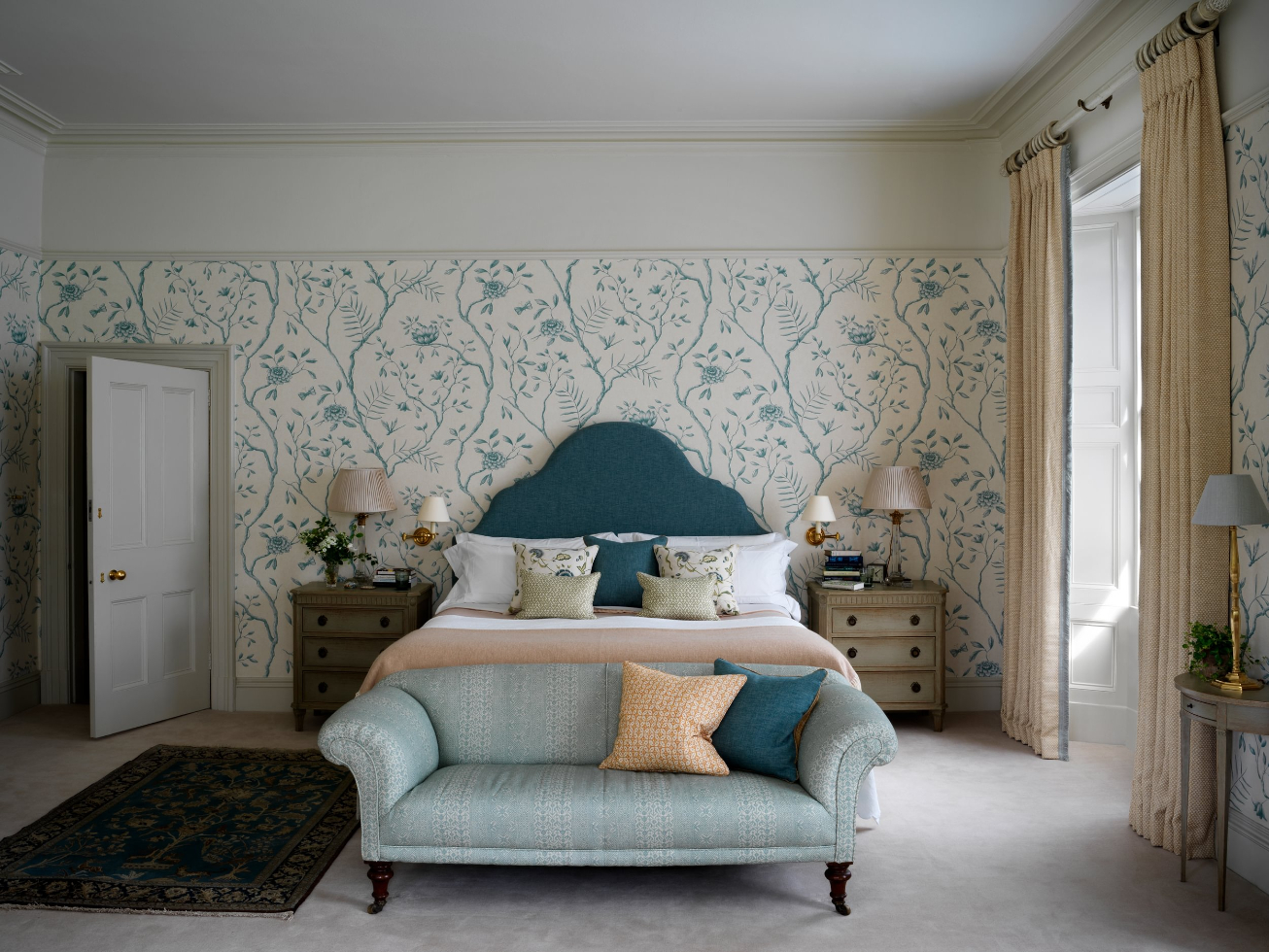 Sims Hilditch Interior Design English Country Estate Blue Bedroom Double Bed Sofa