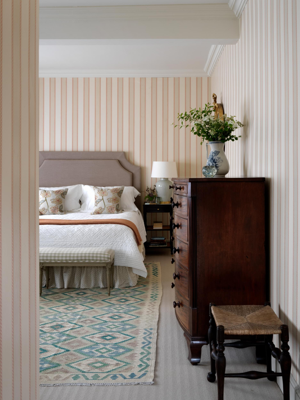 Sims Hilditch Interior Design English Country Estate Bedroom Striped Wallpaper Chest of Drawers