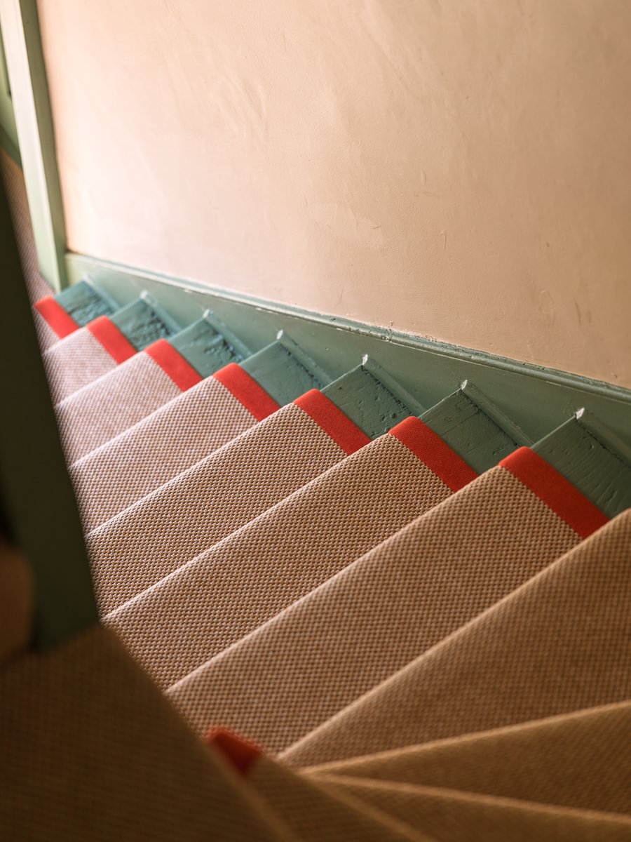 Sims Hilditch Interior Design Jamie's Farm House Green Staircase With Red Stair Runner