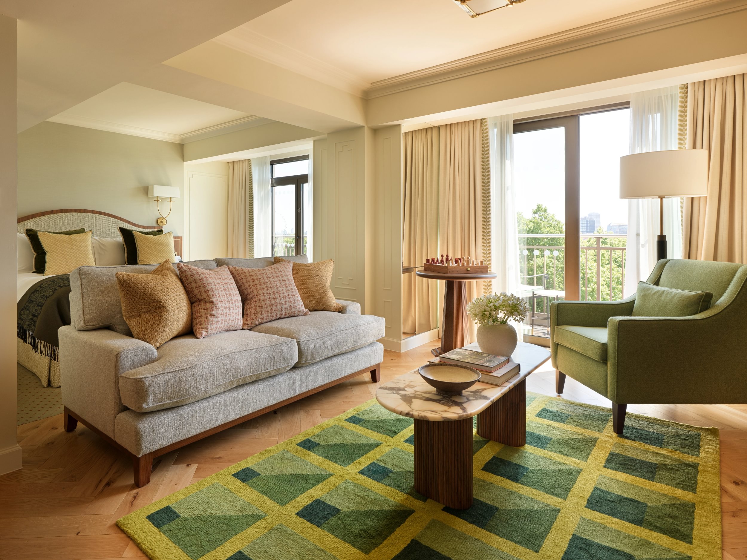 Sims Hilditch Interior Design Mayfair Hotel Apartment Full Room Sofa Double Bed Green Carpet