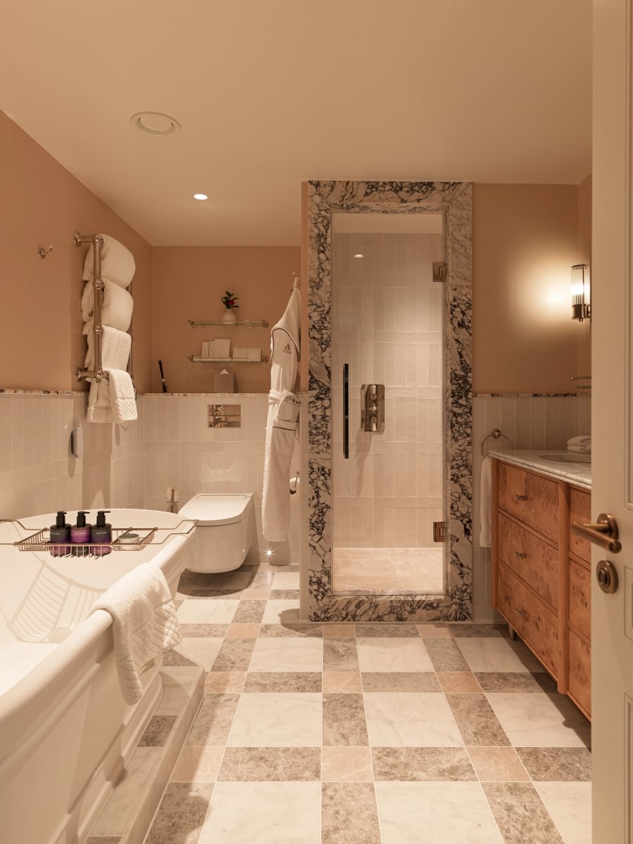 Sims Hilditch Interior Design Mayfair Hotel Apartment Bathroom Portrait Shower Bath Basins