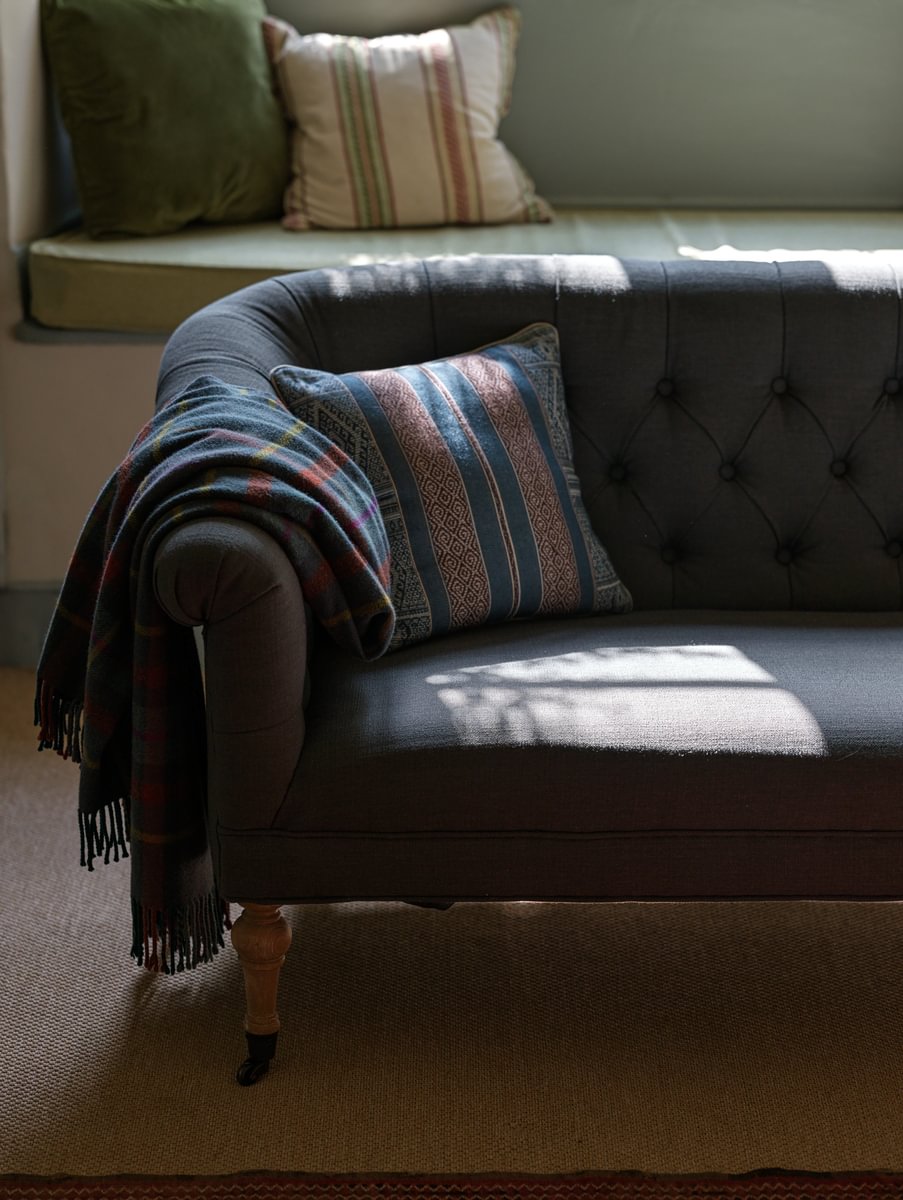Sims Hilditch Interior Design Jamie's Farm House Navy Sofa With Patterned Cushion