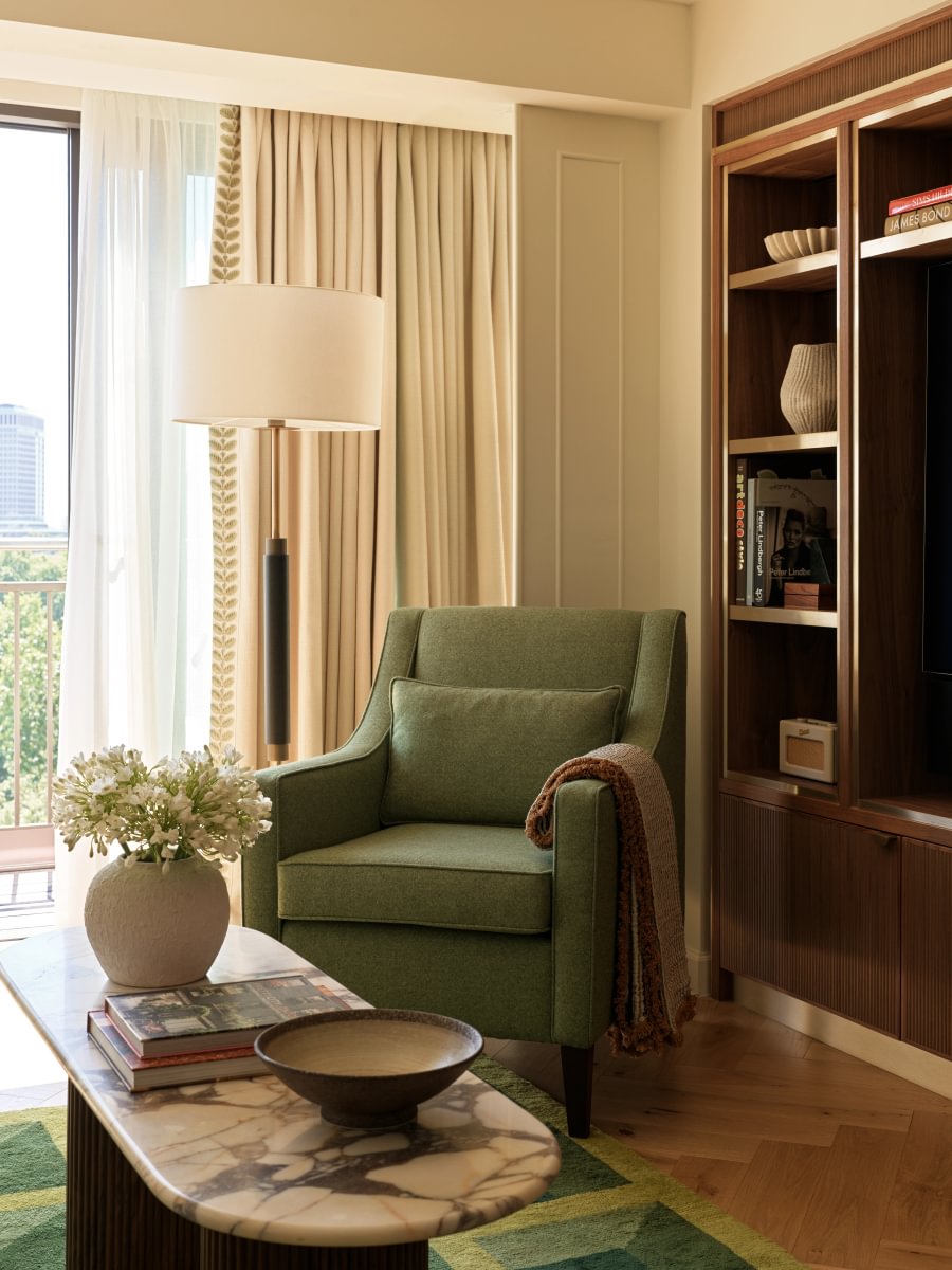 Sims Hilditch Interior Design Mayfair Hotel Apartment Green Armchair Floor Lamp