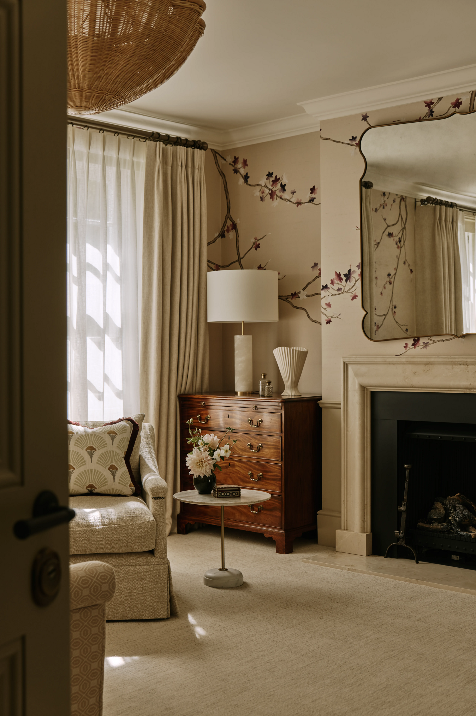 corner-of-master-bedroom-with-cherry-blossom-wallpaper-in-south-kensington-family-home-project