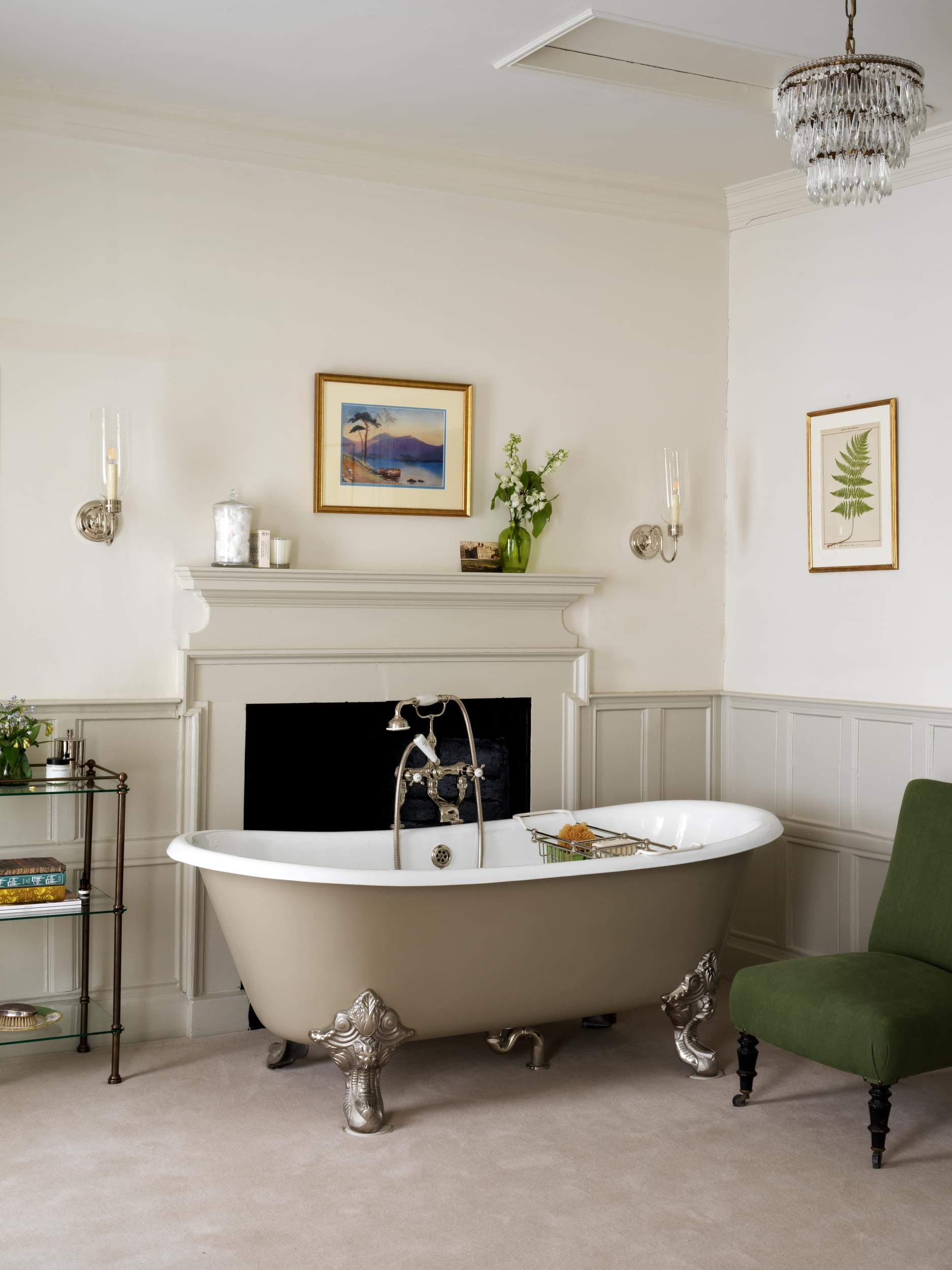 Sims Hilditch Interior Design English Country Estate Bathroom Bath Brown Fireplace