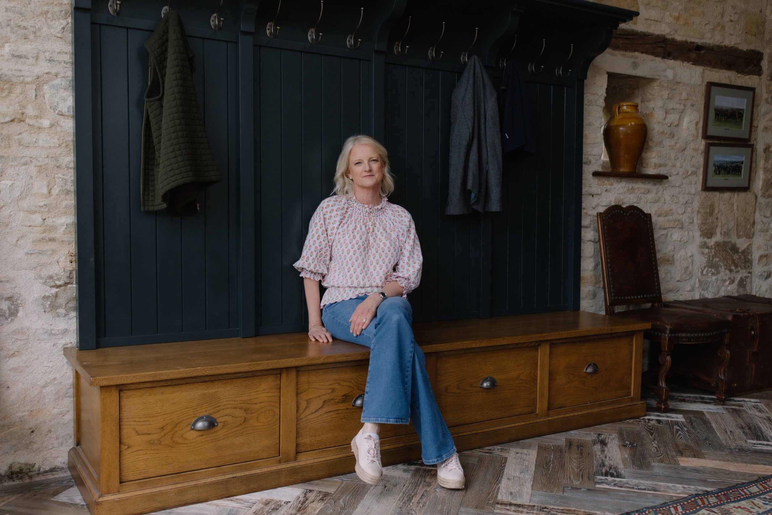 Emma Sims Hilditch Sat On Bench In Project In Cotswolds