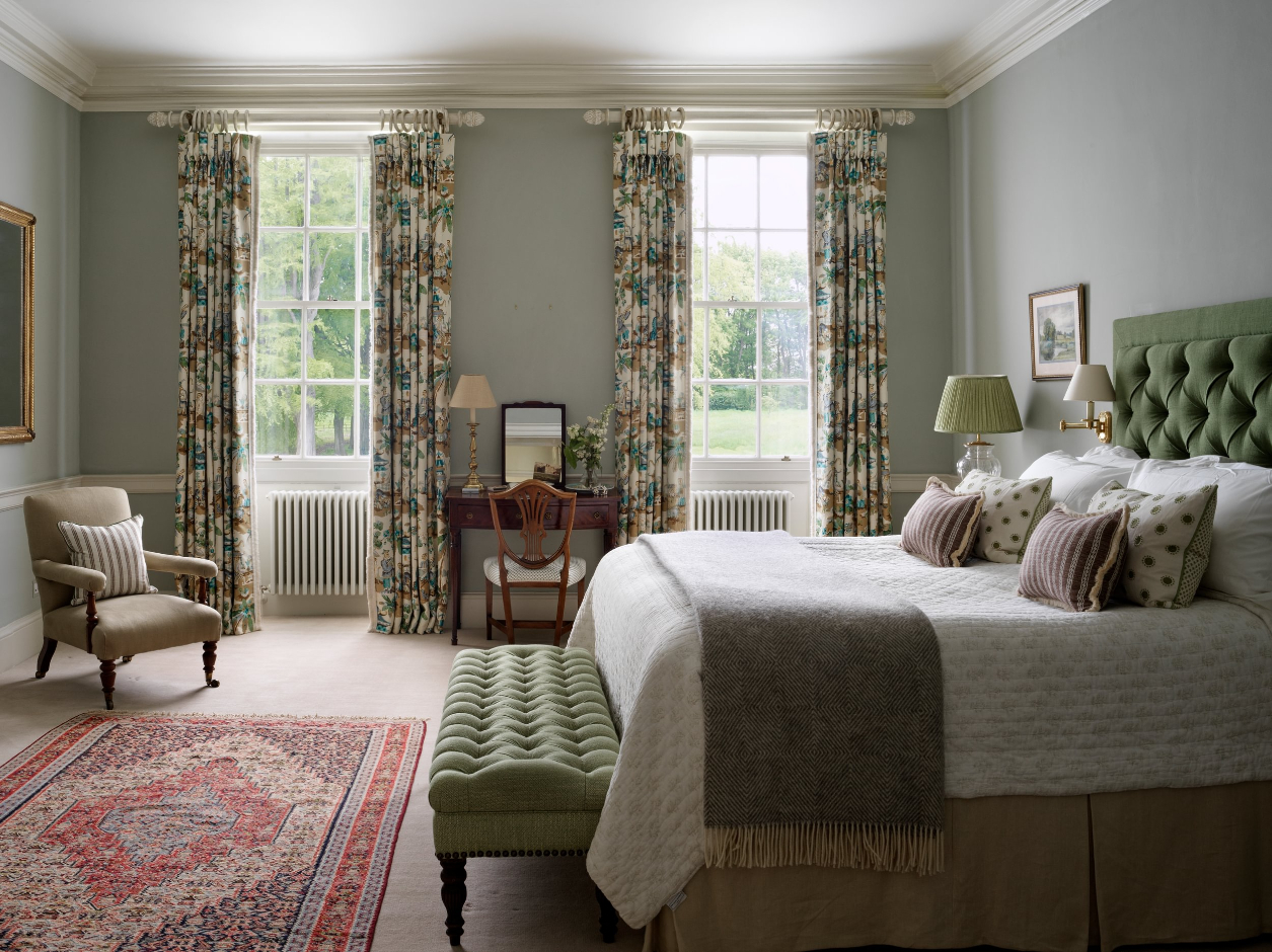 Sims Hilditch Interior Design English Country Estate Bedroom Double Bed Green Headboard