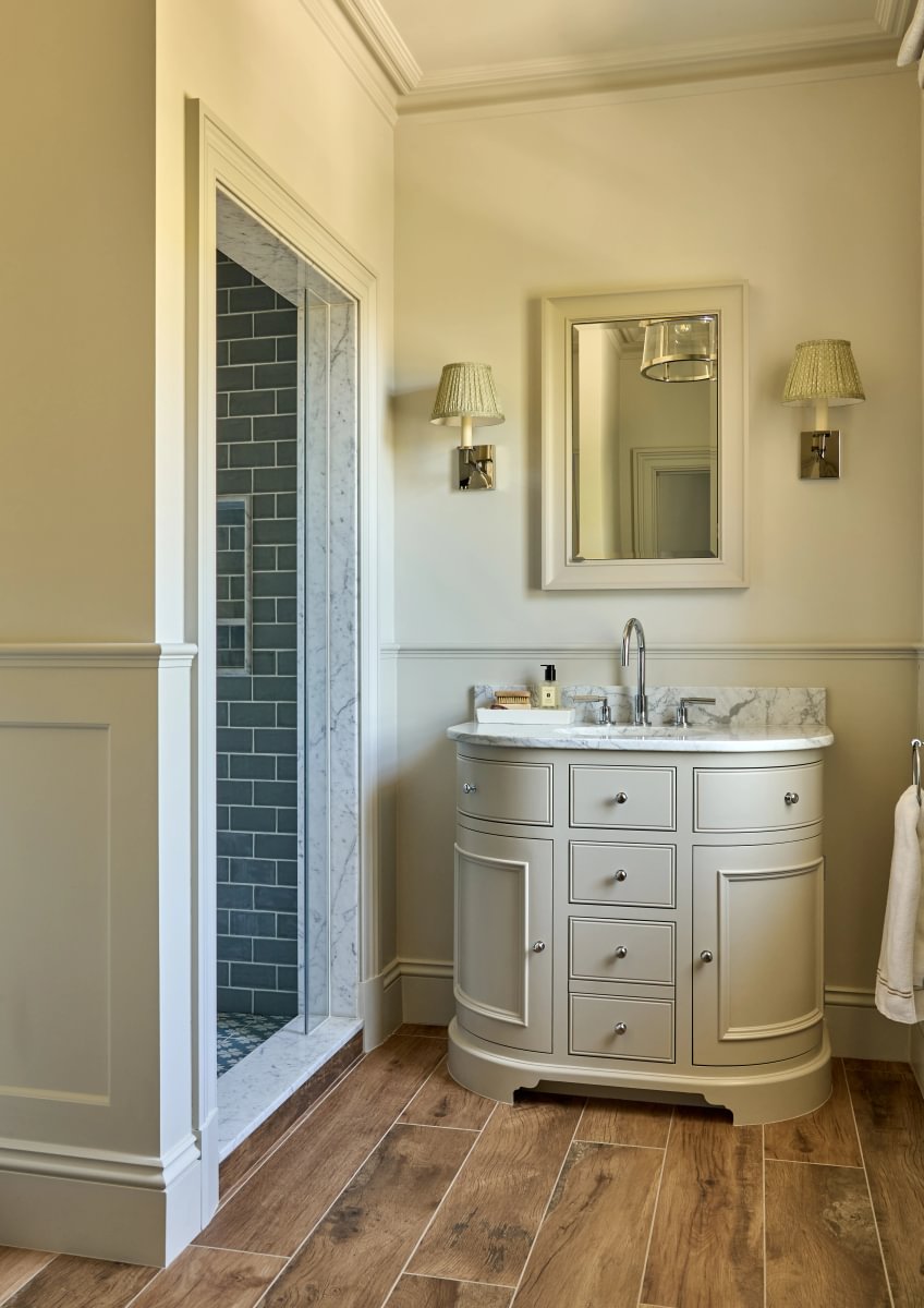 Sims Hilditch Interior Design Oxfordshire Country Home Bathroom Shower Blue
