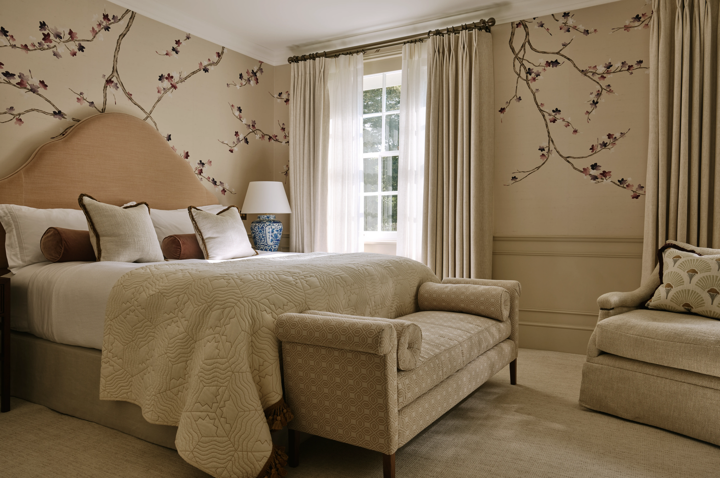 master-bedroom-with-cherry-blossom-wallpaper-in-south-kensington-family-home-project