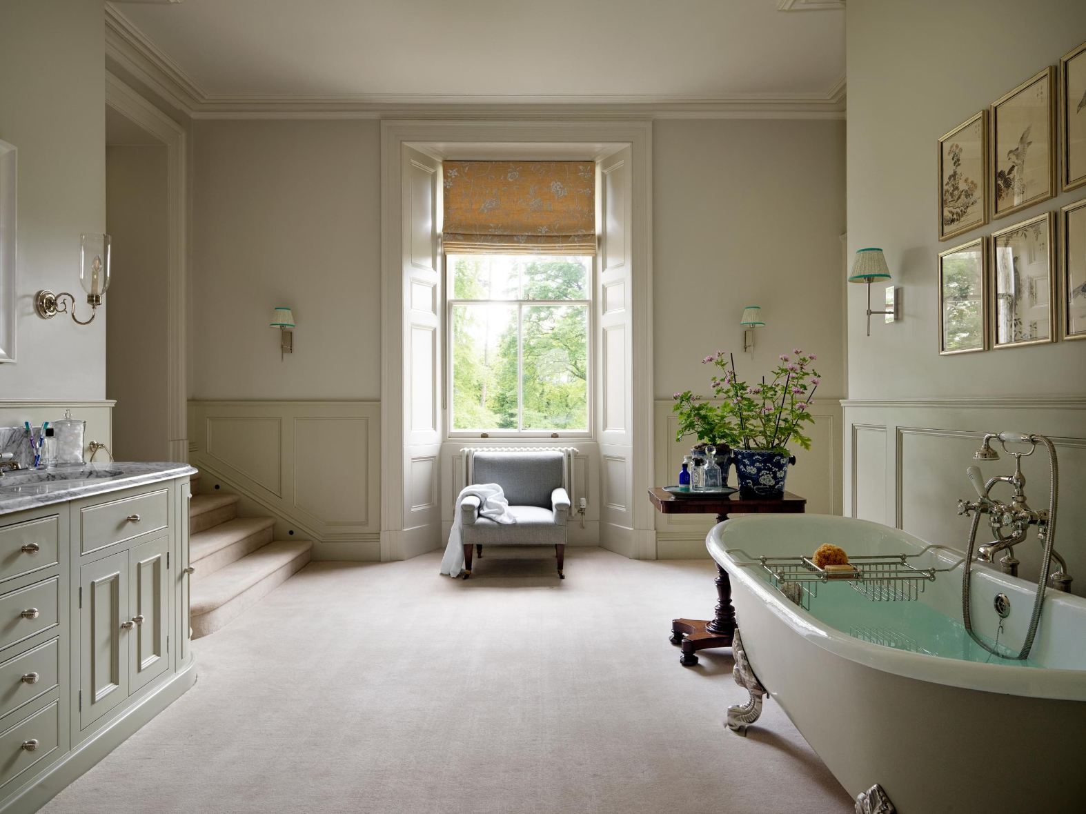 Sims Hilditch Interior Design English Country Estate Bathroom Bath Armchair