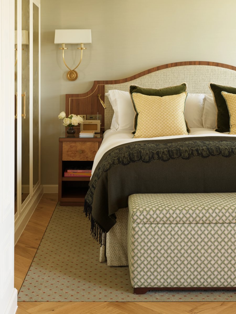 Sims Hilditch Interior Design Mayfair Hotel Apartment Double Bed Yellow Pillows Details