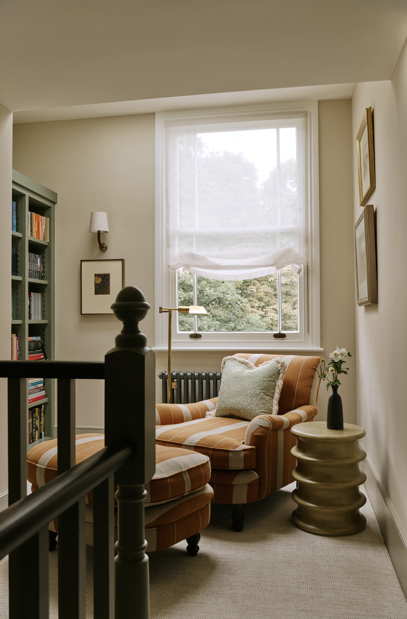 library-nook-with-striped-orange-chair-in-south-kensington-family-home-project